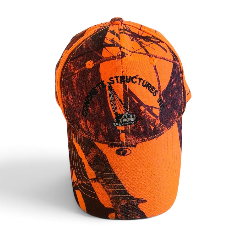 Y2K Mossy Oak Blaze Orange Camo Hat Concrete Structures Inc Crane Hunting OSFM